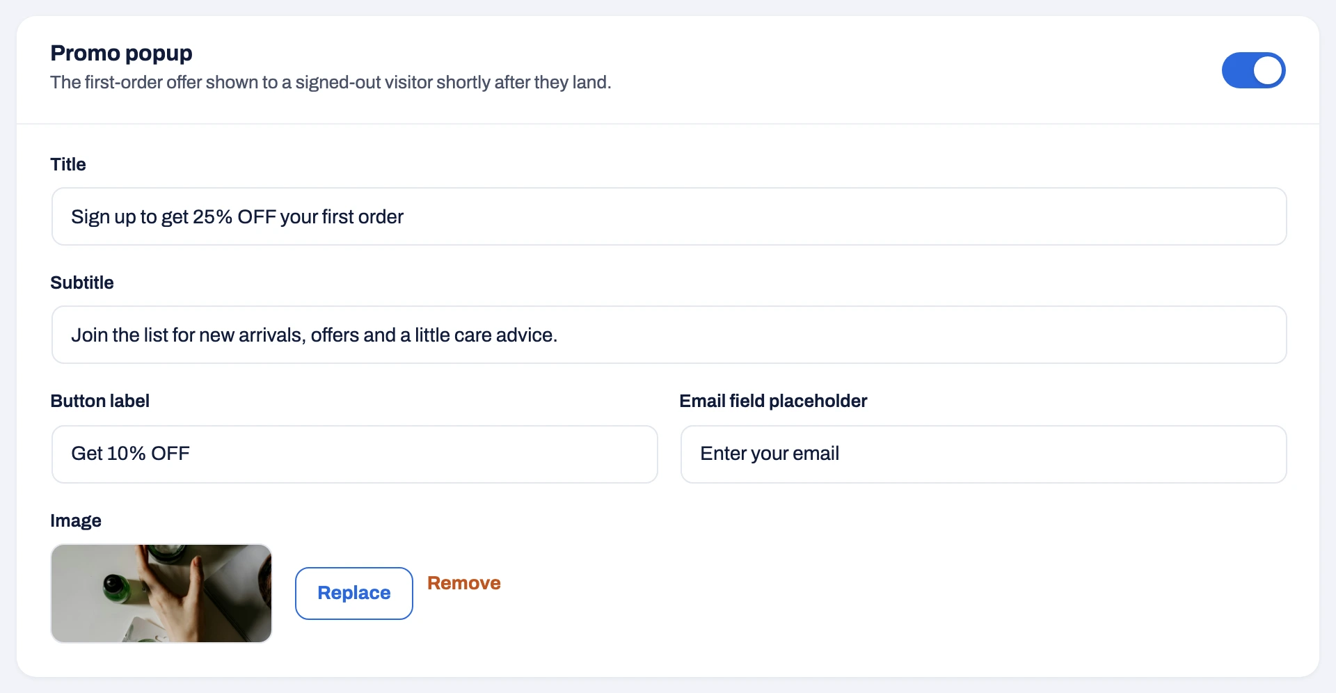 The Promo popup card, switched on, with Title, Subtitle, Button label, Email field placeholder and an Image with Replace and Remove.
