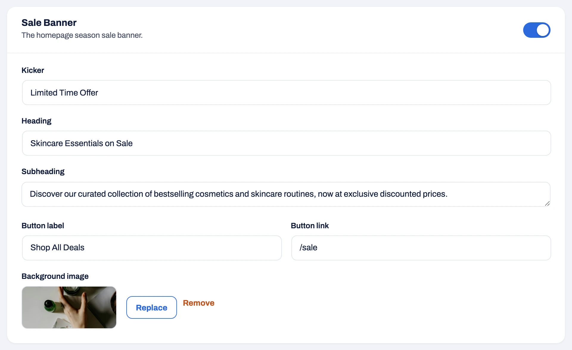 The Sale Banner card, switched on, with Kicker, Heading, Subheading, Button label, Button link and a Background image.