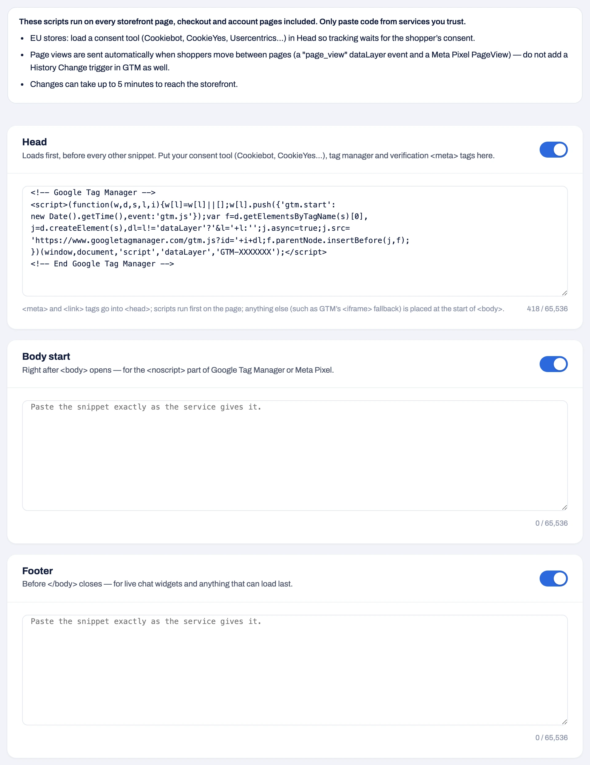 The Header/Footer Scripts tab: a notice about where the scripts run, then the Head, Body start and Footer boxes, each switched on. Head holds a Google Tag Manager snippet with GTM-XXXXXXX; the other two are empty. Each box shows a character counter out of 65,536.