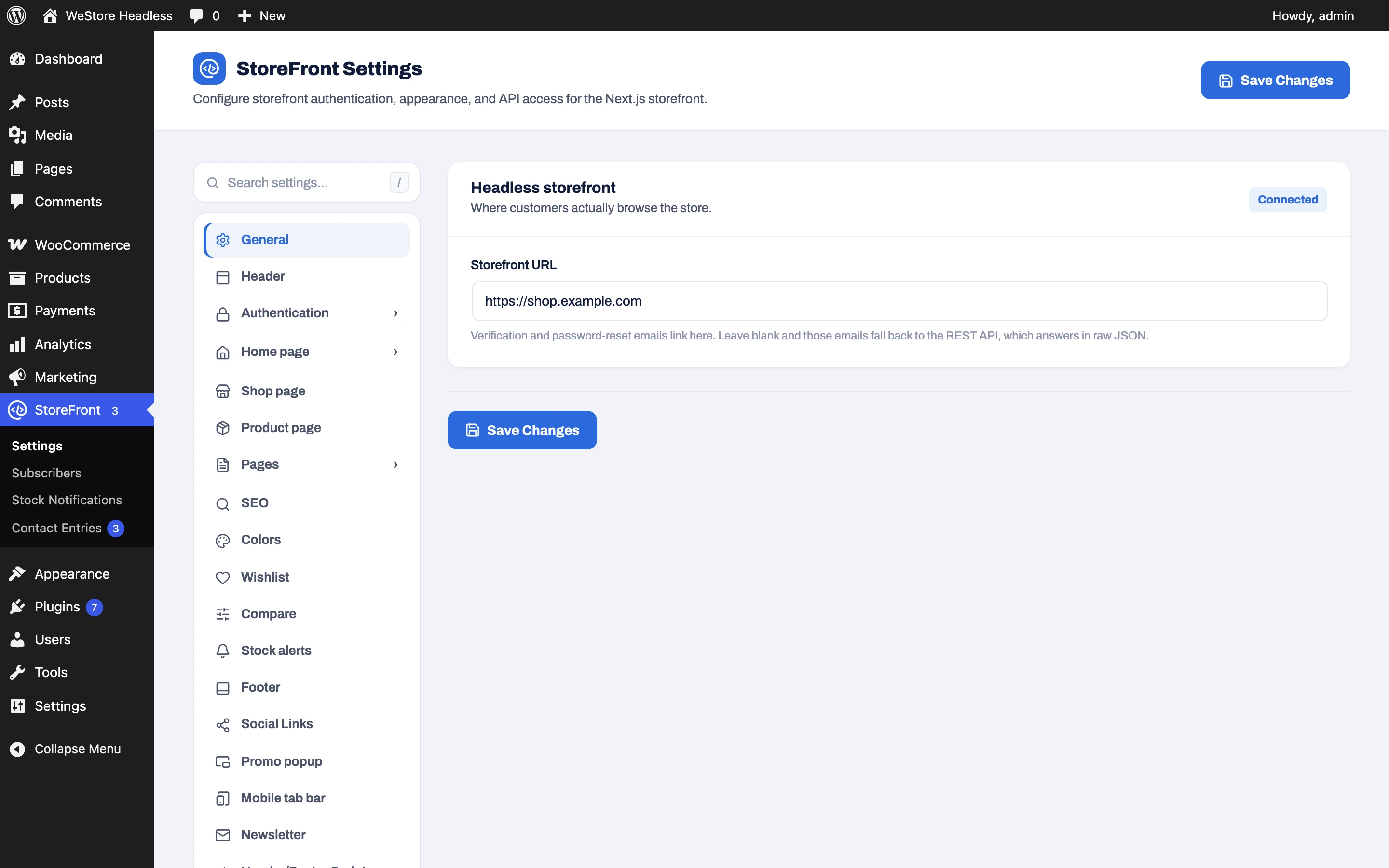 The StoreFront Settings screen in wp-admin: the StoreFront menu with Settings, Subscribers, Stock Notifications and Contact Entries; the Search settings box and the rail of tabs; the General tab open; and a Save Changes button at the top right.