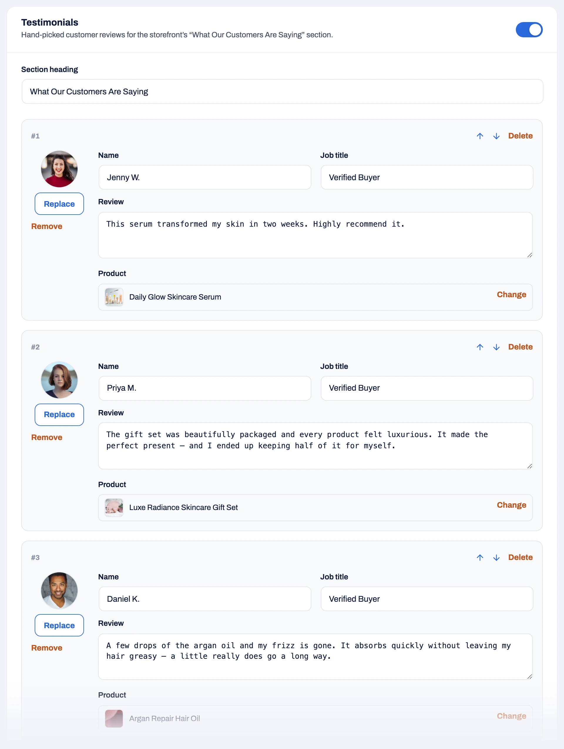 The Testimonials card, switched on, with the Section heading and the first testimonials, each with a photo, Name, Job title, Review and a linked product.